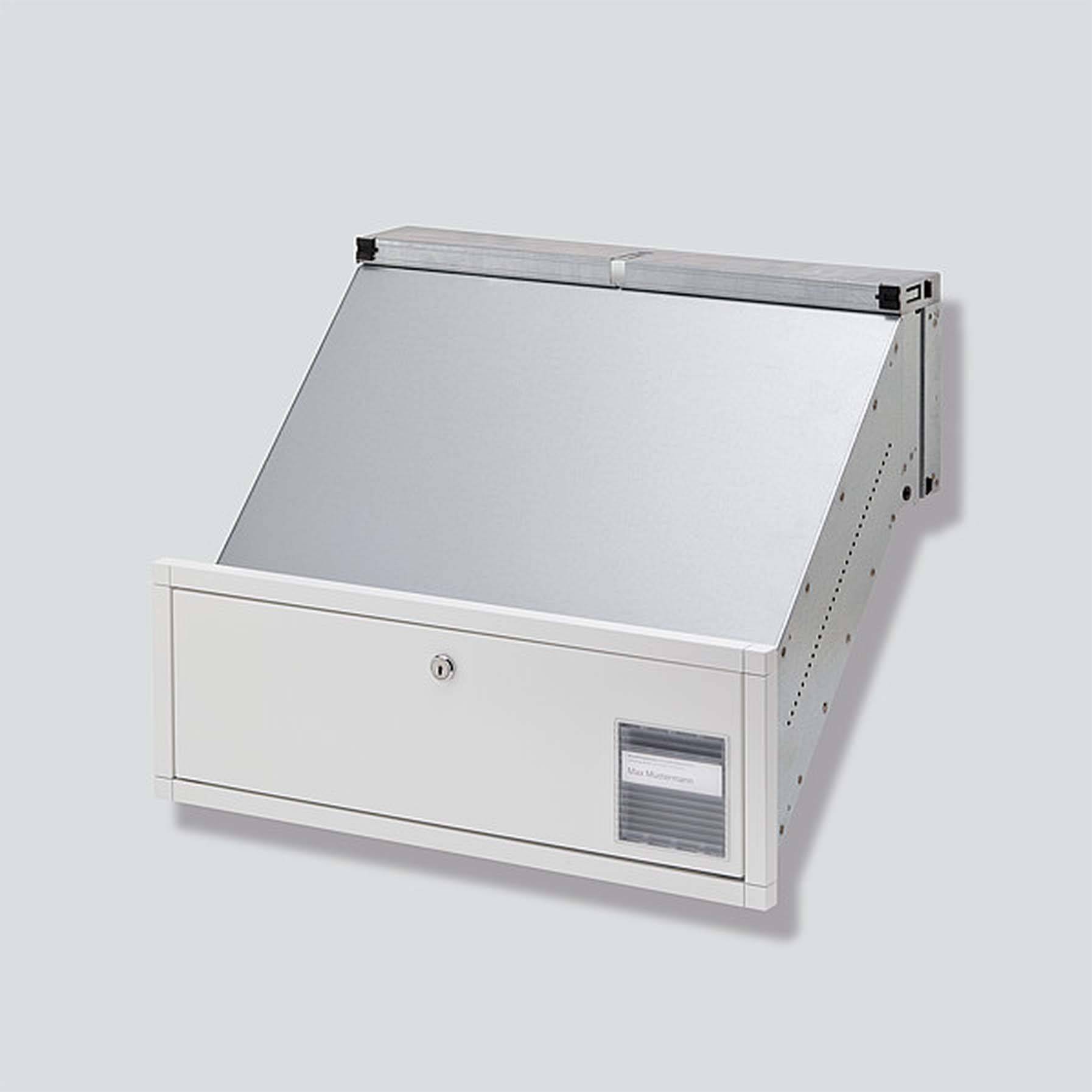 Metal filing cabinet in an angled design with a lockable door and label holder on the front. Suitable for storing documents.