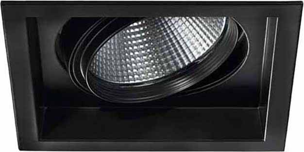 Recessed light fitting with a rectangular frame and adjustable, grooved reflector. Integrated in a black housing, featuring a modern design.