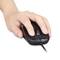 A hand is holding a black, wired computer mouse against a white background.