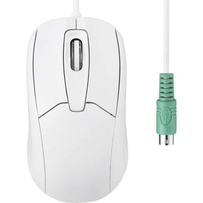 White computer mouse with scroll wheel and green, round PS/2 connection cable, suitable for older PCs with PS/2 ports.