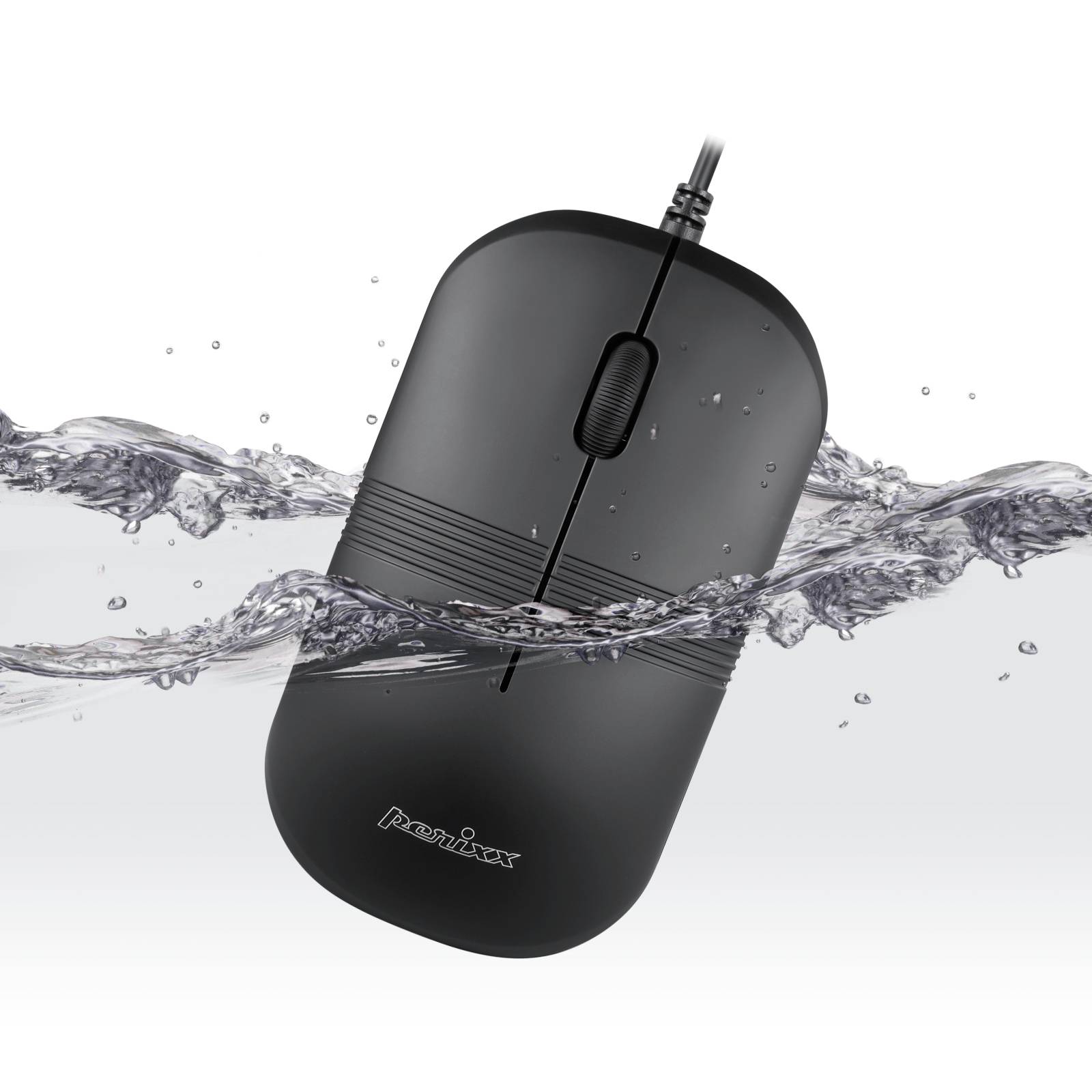 A black, wired computer mouse is surrounded by a water splash. The logo 'Perimicex' is visible on the mouse.