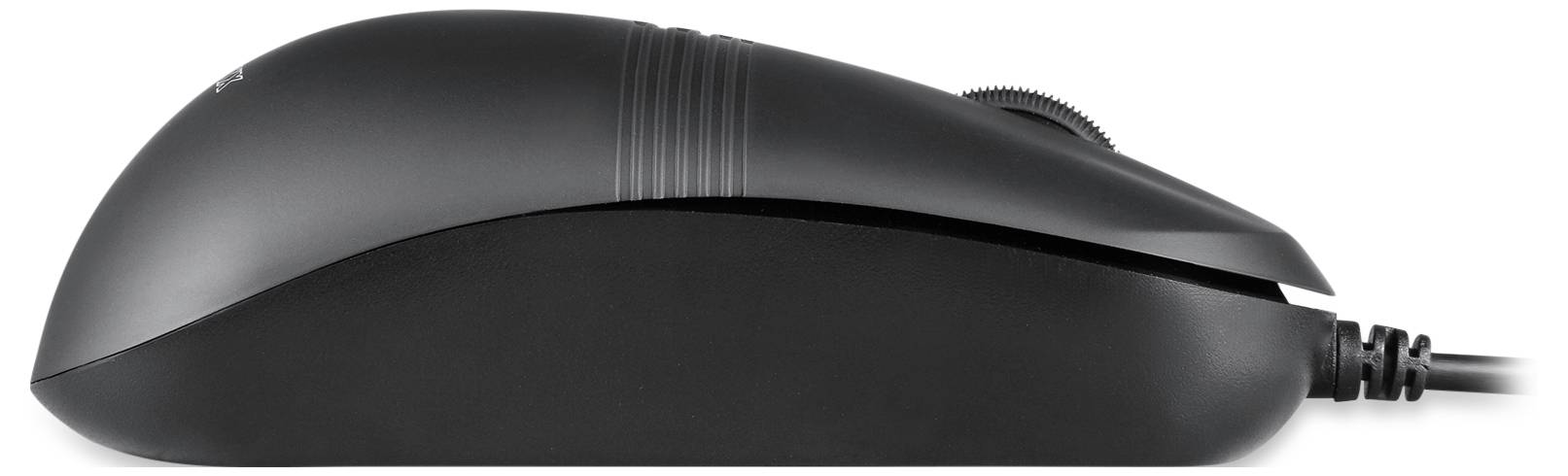 Side view of a black wired computer mouse with two buttons and a scroll wheel.