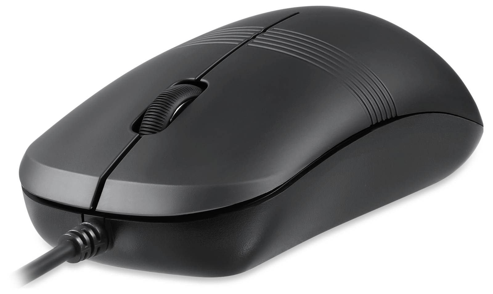 Black wired computer mouse with a scroll wheel, lying on a white surface.