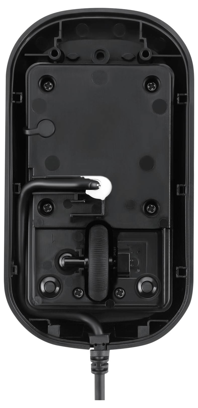 Rear view of an opened computer mouse, revealing internal components and cables.