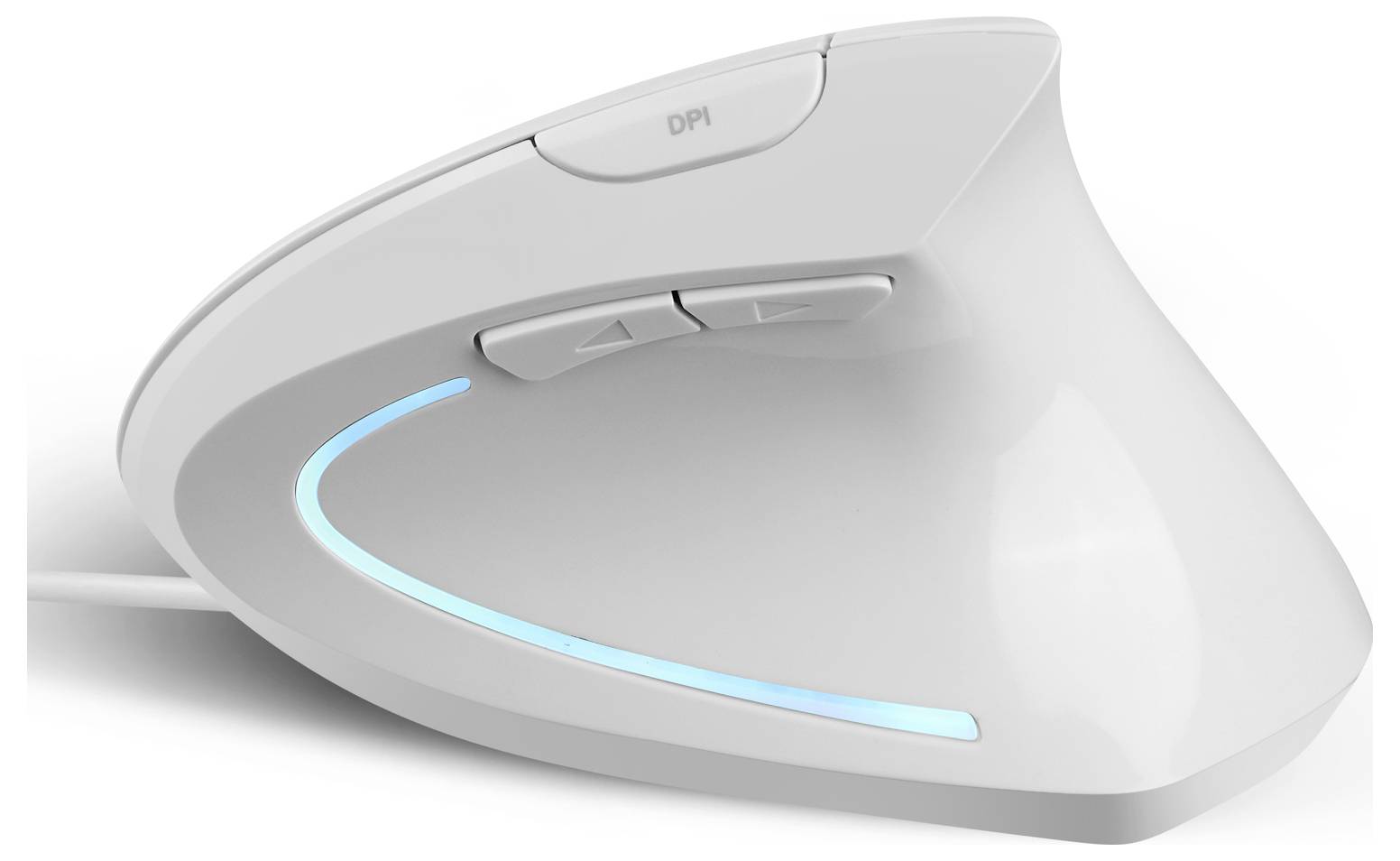 White, ergonomic vertical mouse with two side buttons and blue light strip. Designed for improved hand positioning and comfort.