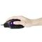 A hand operates an ergonomic mouse with a large, purple trackball on the side.