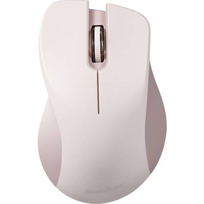 A wireless, pink computer mouse with ergonomic design and scroll wheel, suitable for use with computer or laptop.