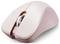 Wireless computer mouse in a light pink colour with an ergonomic design and scroll wheel, suitable for desktop use.