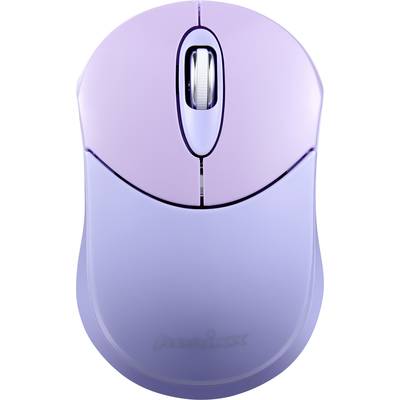 Wireless, purple computer mouse with scroll wheel, viewed from above.