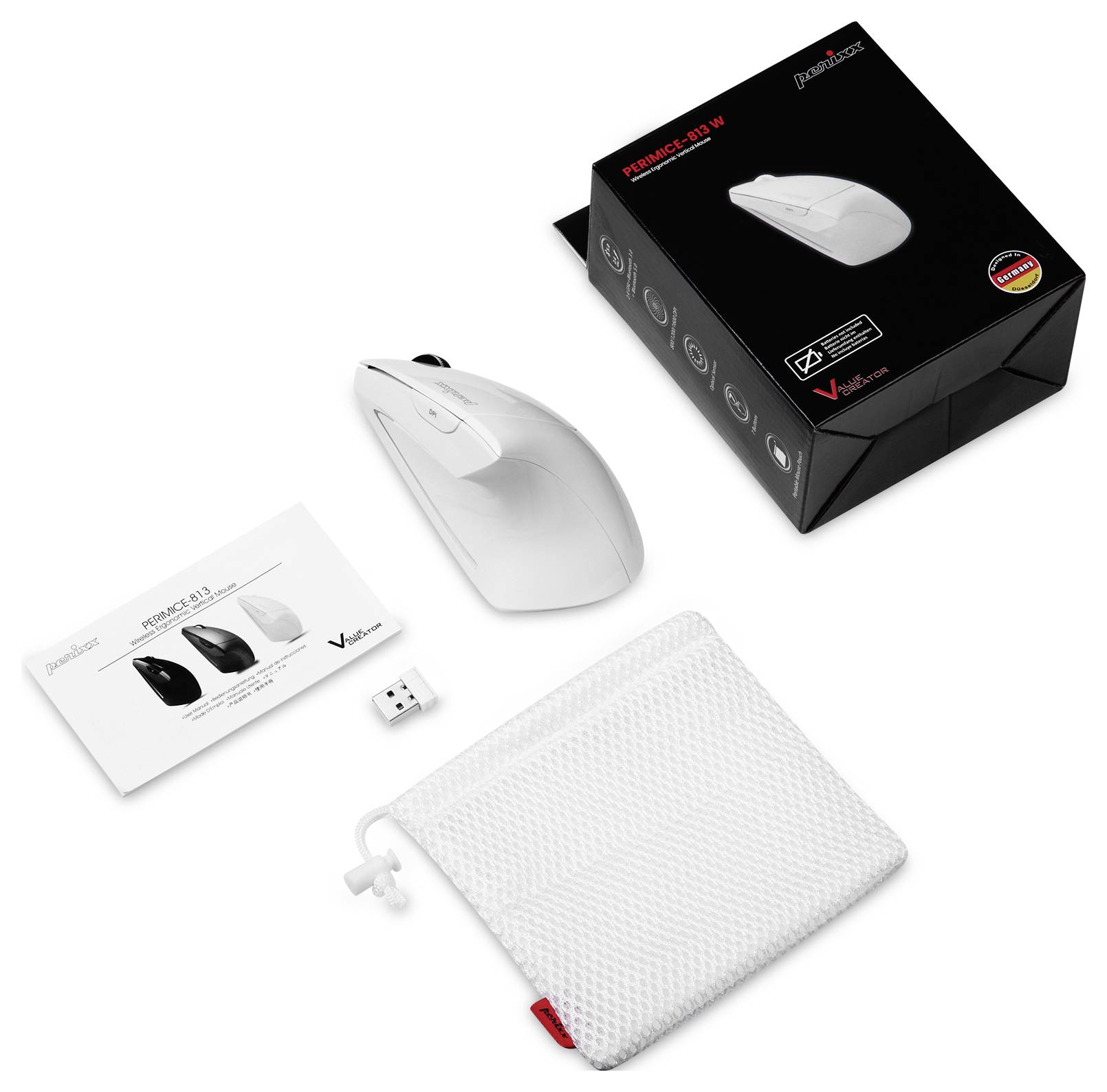 Packaging and contents of a wireless mouse: white mouse, small USB receiver, carry case and instruction manual beside the box.