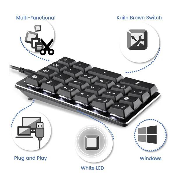 Compact keyboard with Kailh Brown Switches, LED backlighting, plug-and-play functionality. Compatible with Windows. Function symbols included.