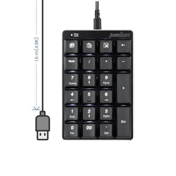 A black external numeric keypad with 19 keys and integrated USB cable. A label to the left reads: '1.5 m (4.9 ft)'.