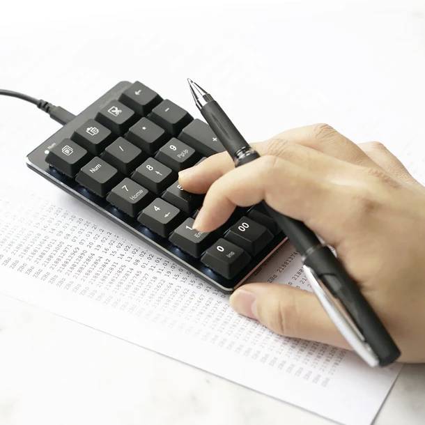 A person is typing on an external numeric keypad with a pen in hand. Printed number lists are laid out on paper beneath the keypad.
