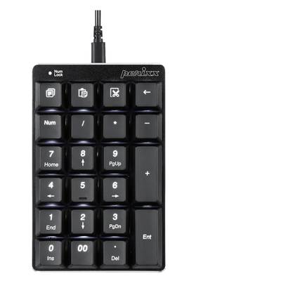 External numeric keypad in black with USB connection, 18 keys, including numbers and functions such as 'Num', 'Ins', and 'Del'.