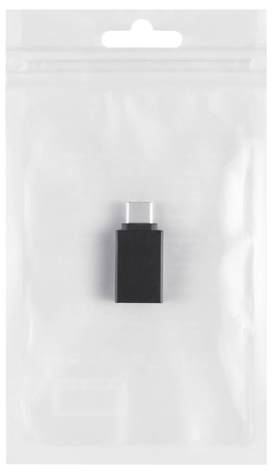 A black USB-C adapter in a clear plastic packaging. The adapter has a USB-C socket and a USB-A plug.