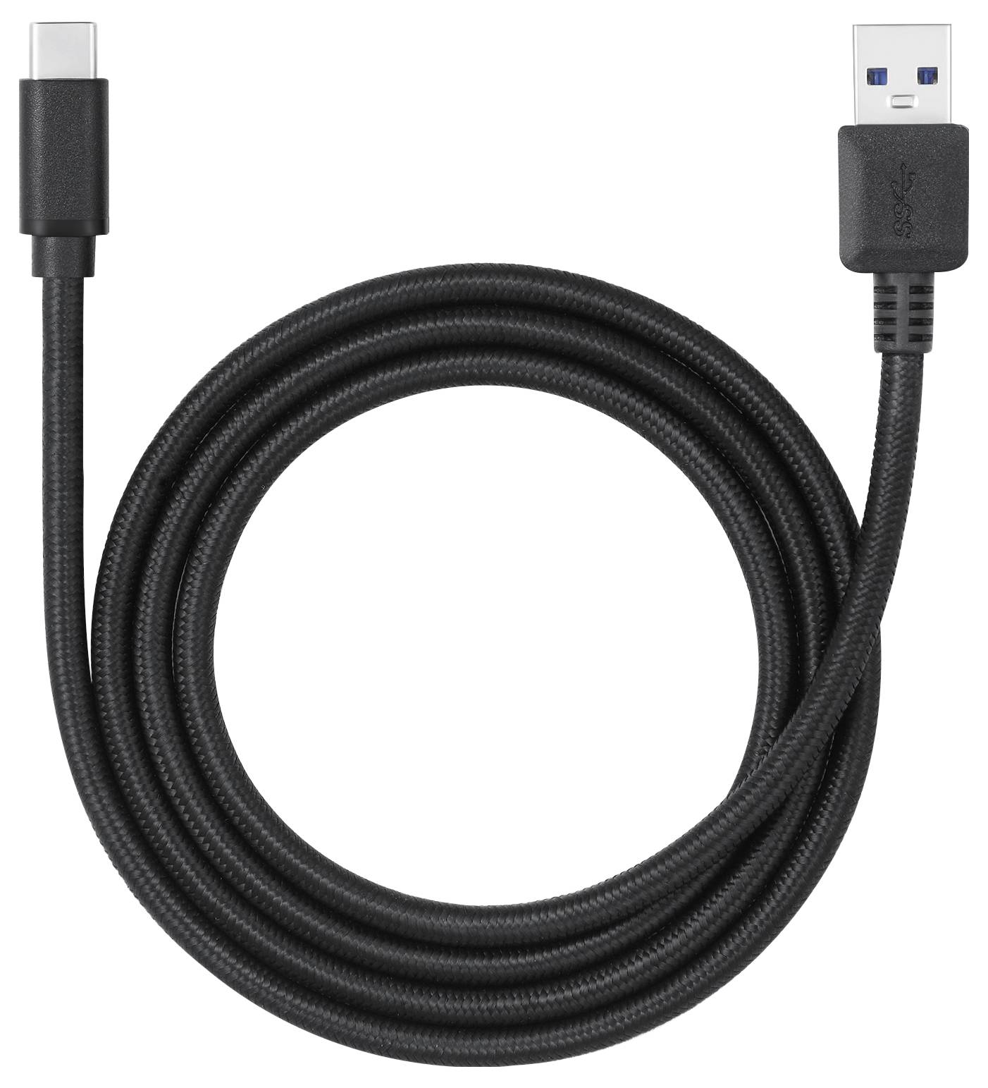 A black USB-C to USB-A cable, coiled in a loop, shows both connectors against a lighter background.