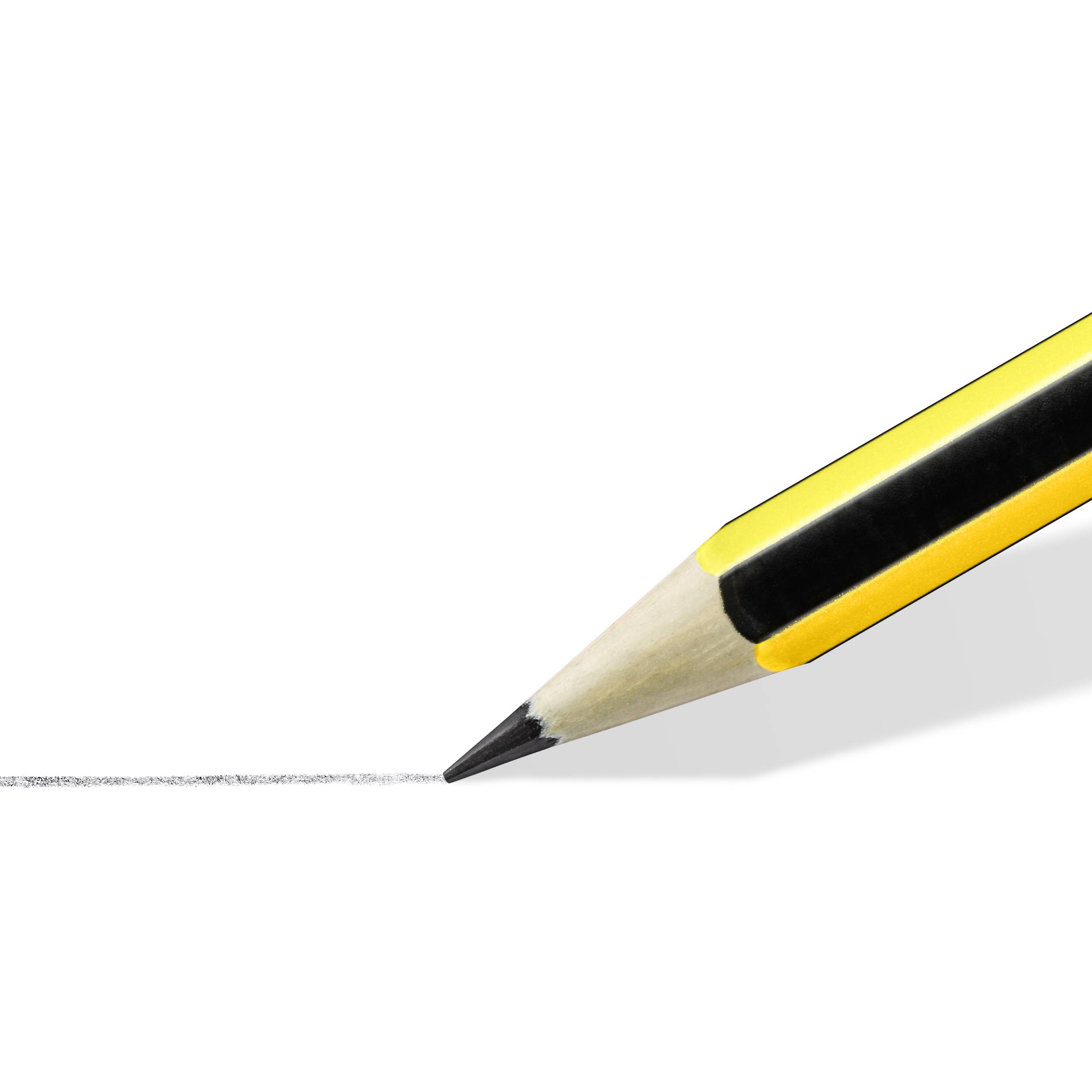 A yellow pencil writes a thin, straight line on a white background.