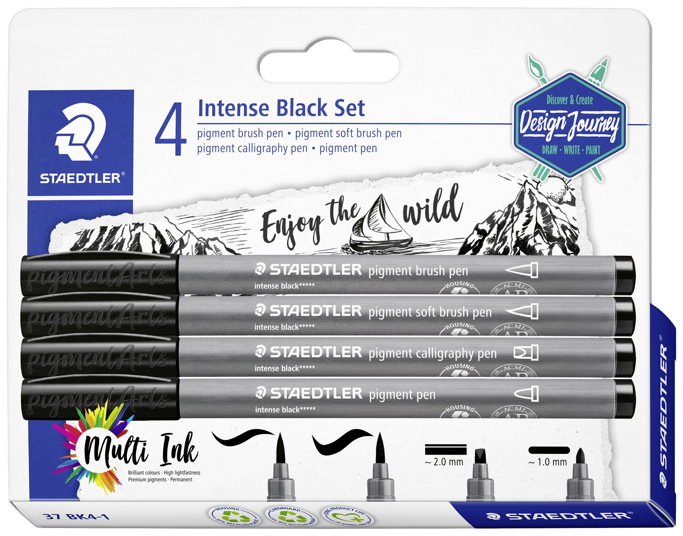 'Staedtler Design Journey 4-Piece Set: Intense Black, Pigment Pens with Various Tips for Artistic Projects.'