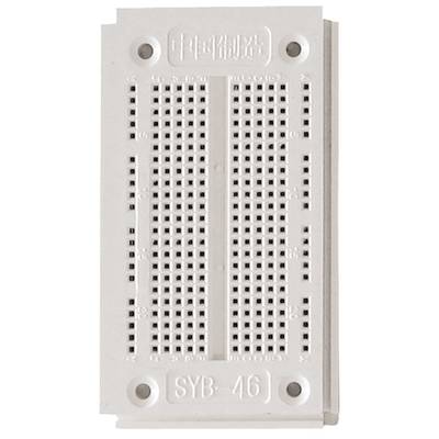 A white breadboard with multiple slots for electronic components, suitable for prototype and test circuits.