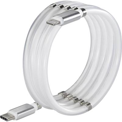 White, double-sided USB cable with silver connectors, featuring Type-C and Lightning ports, for charging and data transfer purposes.