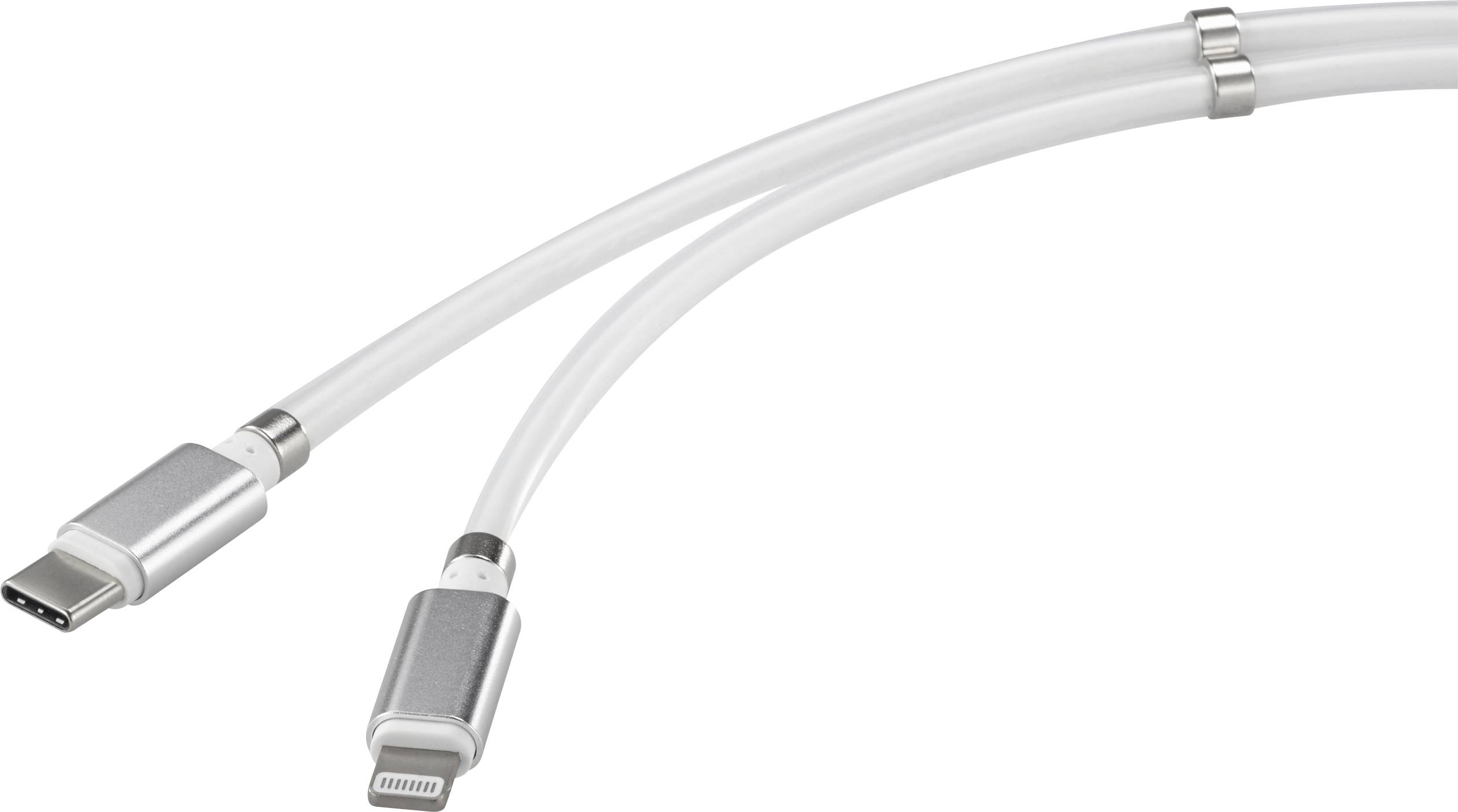 Two white cables with metal connectors. One has a USB-C connector, the other a Lightning connector.