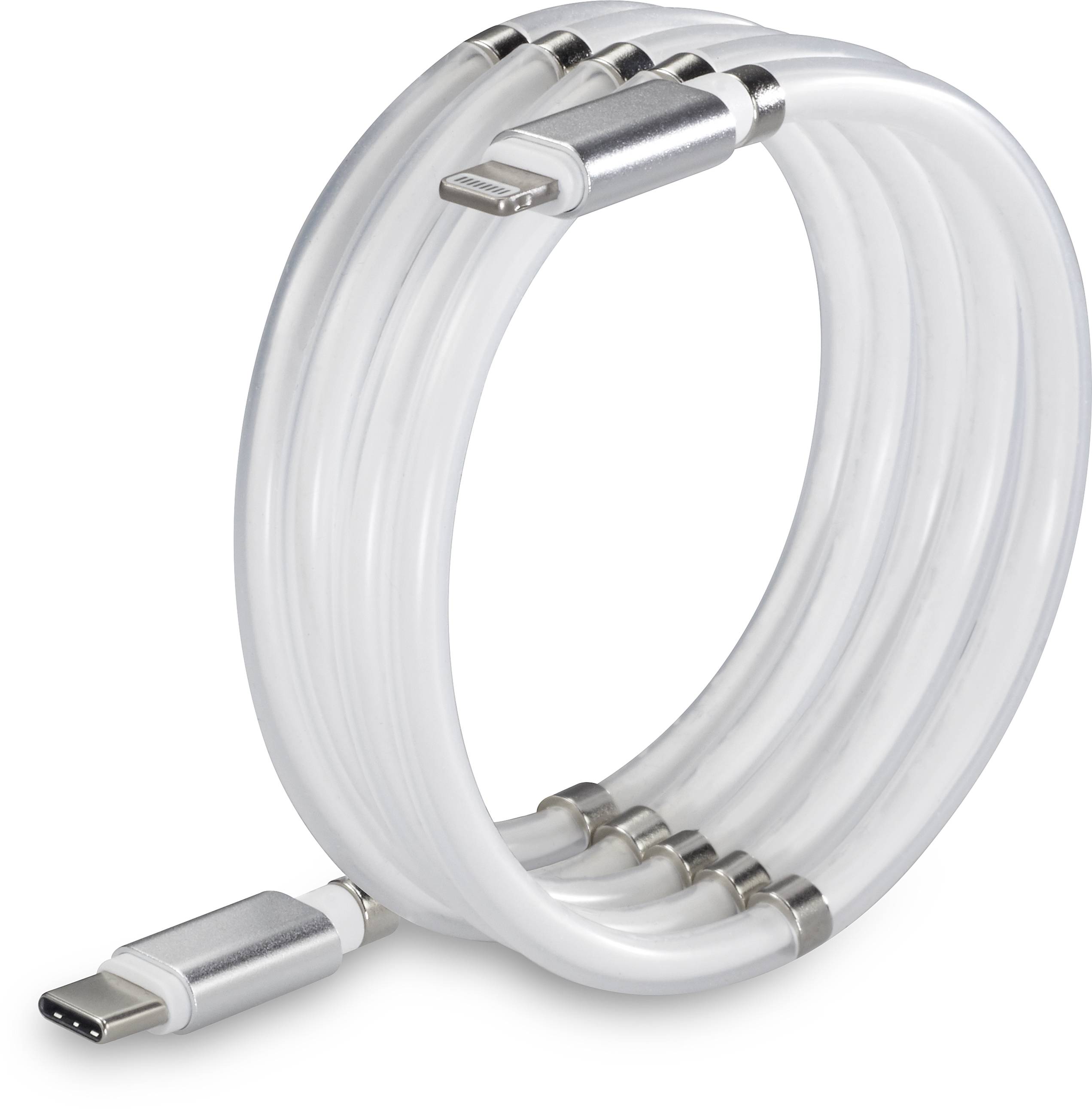 A white, spiral-coiled USB-C to Lightning cable, suitable for Apple devices.