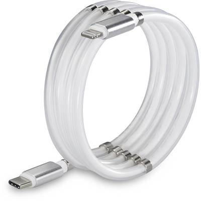A white, spiral-coiled USB-C to Lightning cable, suitable for Apple devices.