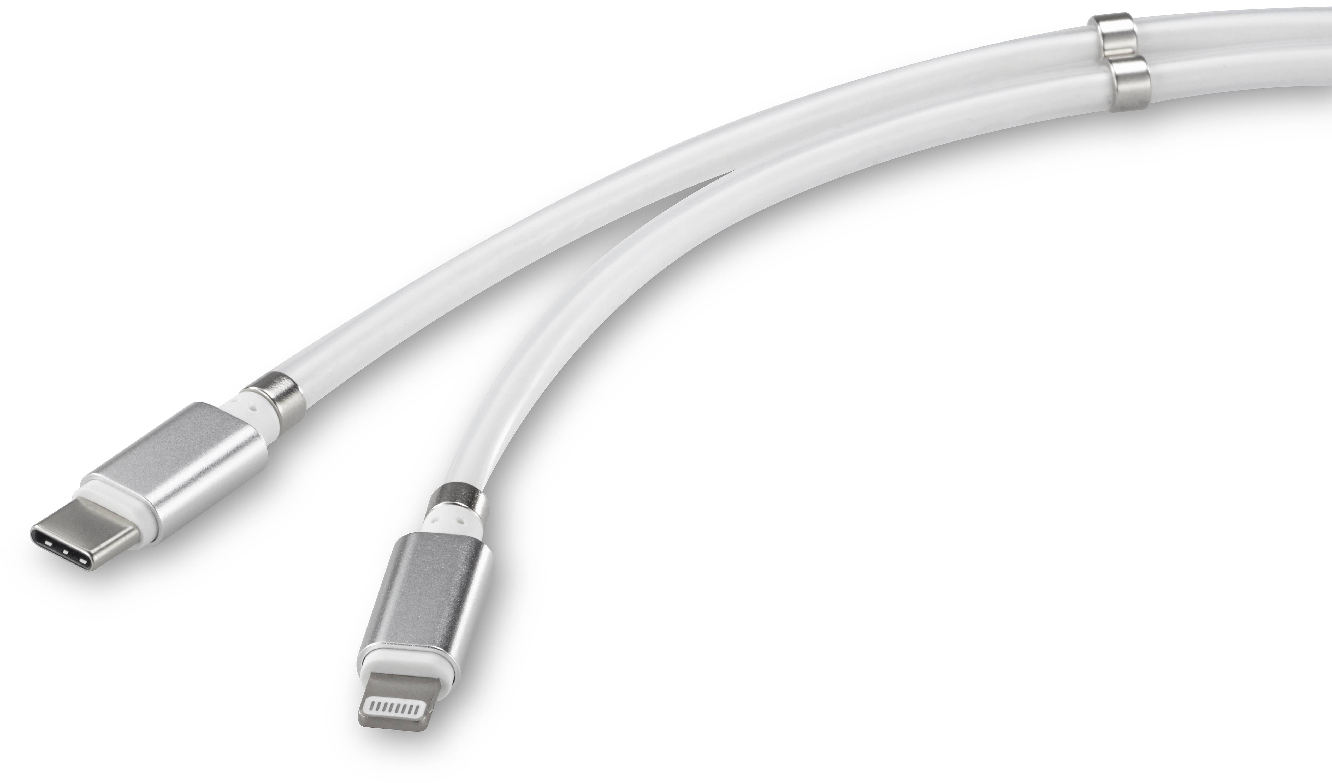White cable with a USB-C and a Lightning connector.