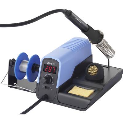 Soldering station with digital display shows 287 degrees Celsius. Includes soldering iron stand, solder reel, and sponge for cleaning purposes.