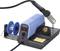 Soldering station with digital display shows 287 degrees Celsius. Includes soldering iron stand, solder reel, and sponge for cleaning purposes.