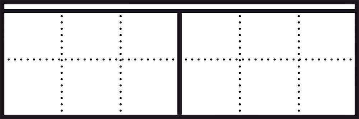 A blank calendar with two columns, divided into dotted lines, suitable for weekly or monthly planning.