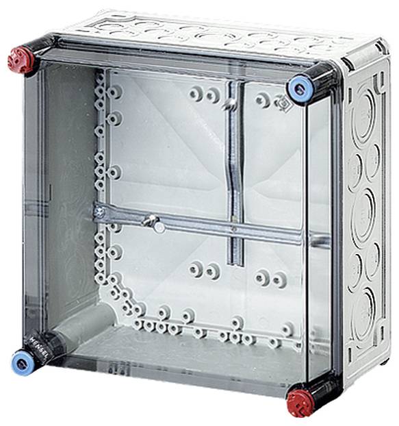 Transparent plastic box with circular openings on the sides, suitable for electrical installations.
