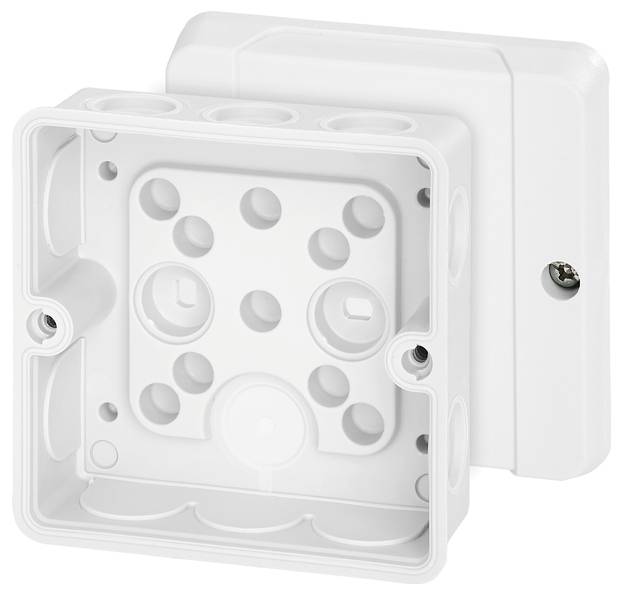 Electrical junction box made of white plastic with multiple cable entry points, shown open to reveal its internal structure.