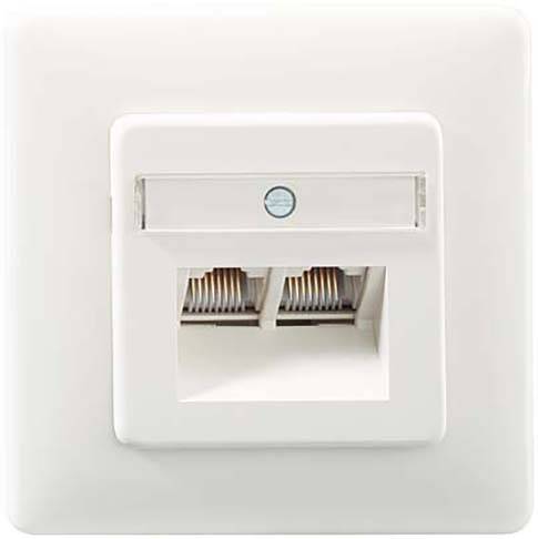 Network socket with two Ethernet ports in a white frame, suitable for wall mounting.