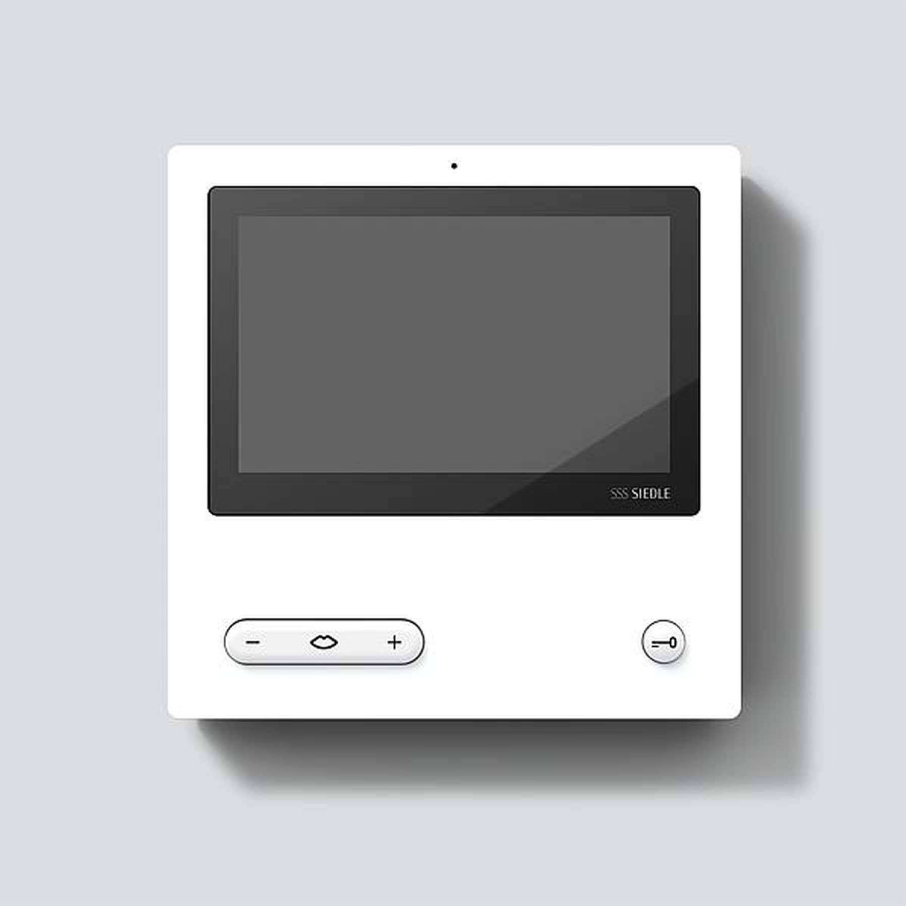 White wall switch with a screen and two buttons, symbolising eyes and a key. Brand name visible on the frame.