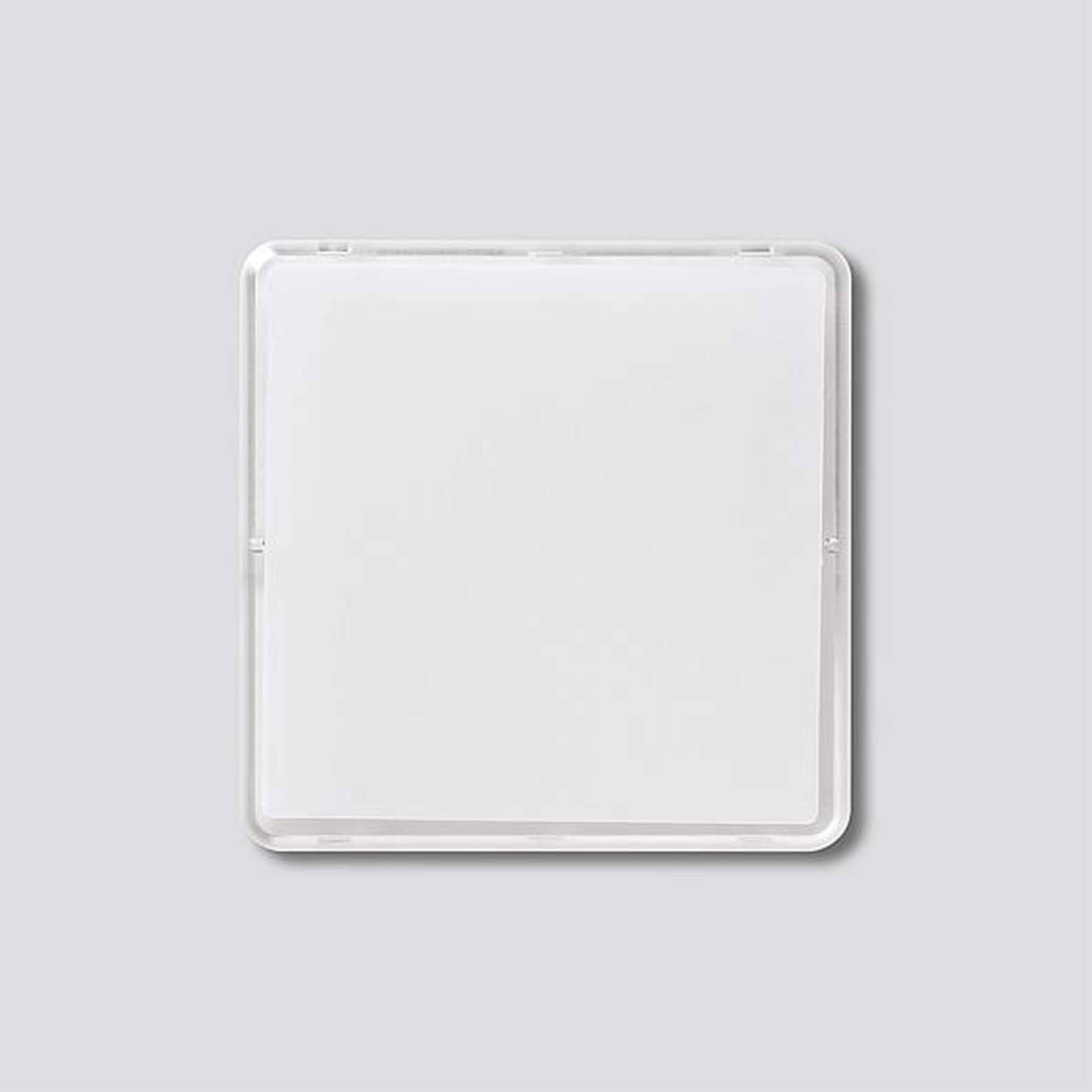 A square, white light switch on a light grey background.