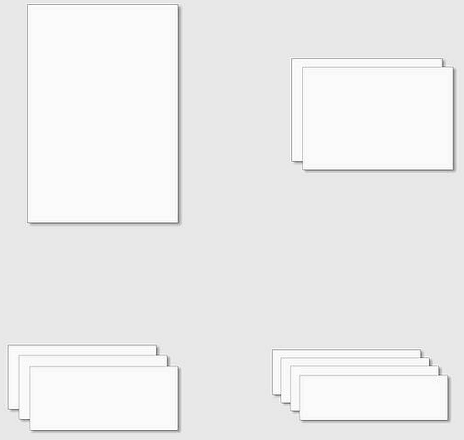 Various formats of blank white paper sheets on a grey background. Illustration of portrait and landscape orientation.