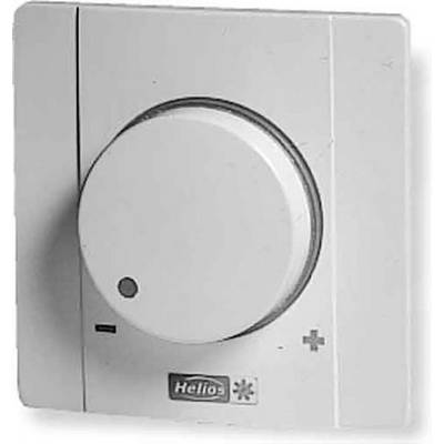 A white thermostat with a large rotary dial. The dial shows a minus sign on the left and a plus sign on the right.