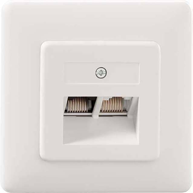 Telephone socket, square, made of white plastic against a white background, with no cables plugged in.