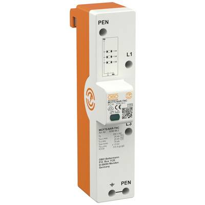 Surge protection device in a rectangular form with an orange and white casing, brand logo, and technical specifications on the front.