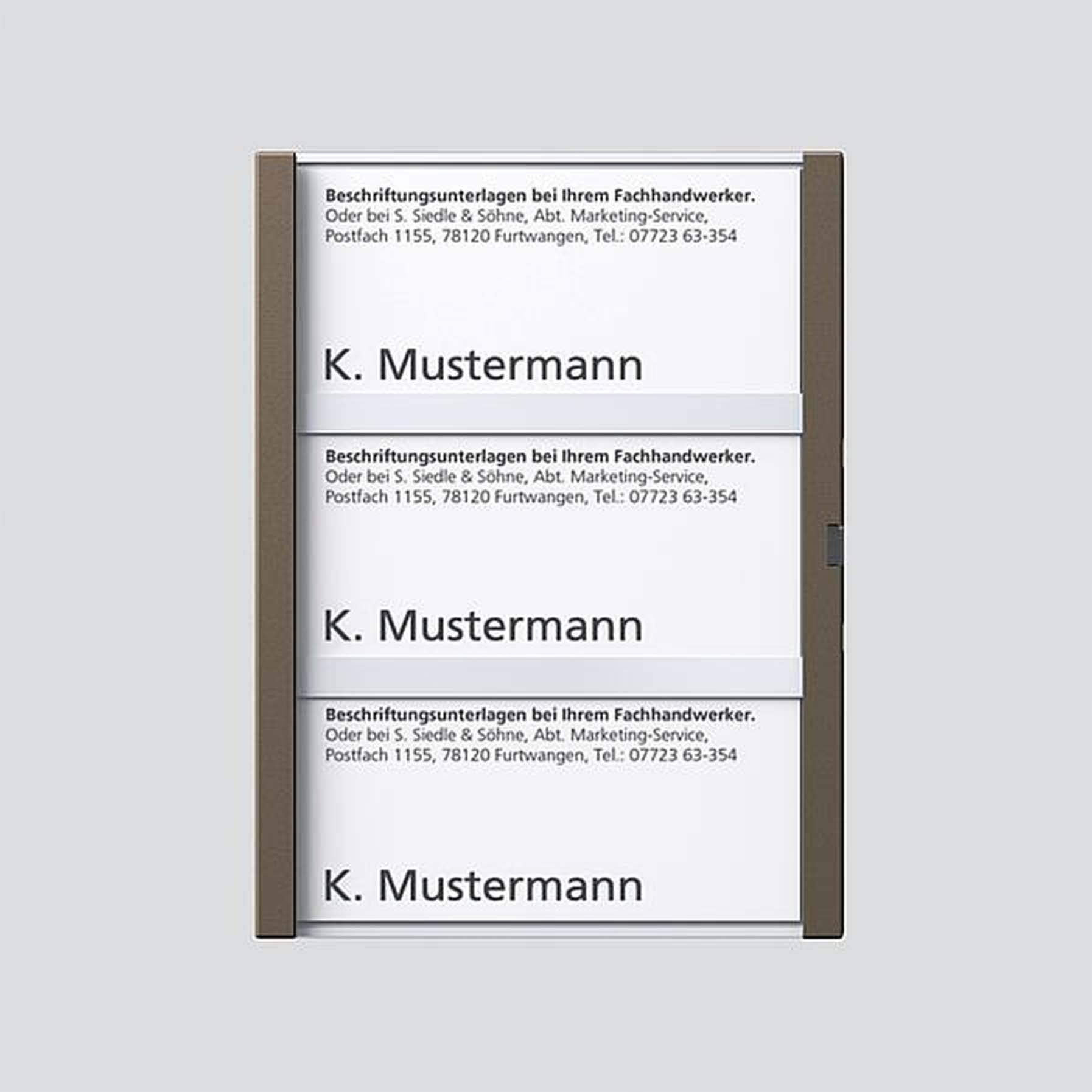 Door sign with multiple plates, each featuring the name 'K. Mustermann' and contact details of a company.