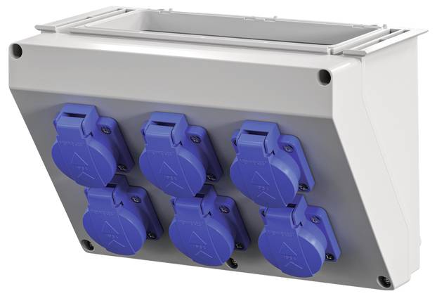 Six-way blue power strip in a rectangular white enclosure, suitable for industrial applications.