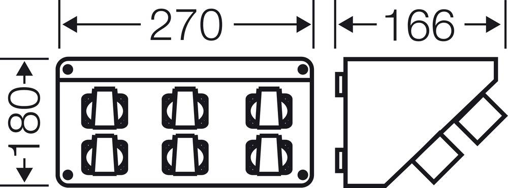 Technical drawing of a six-socket power strip. Dimensions: height 180, width 270, depth 166 millimetres. Side view shows detailed form.