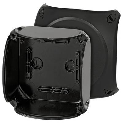 Black, square plastic enclosure with removable back panel. Used for mounting and protecting electronic devices.