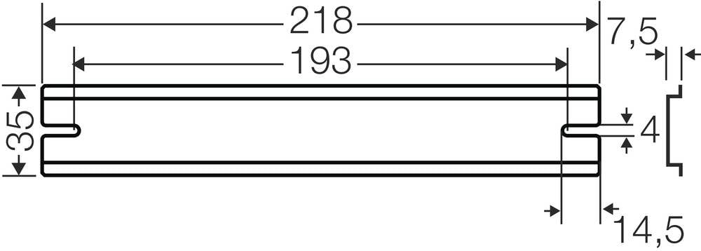 Technical drawing of a rectangular object with the following dimensions: Length 218 mm, Width 35 mm, Internal measurement 193 mm, Depth 14.5 mm.