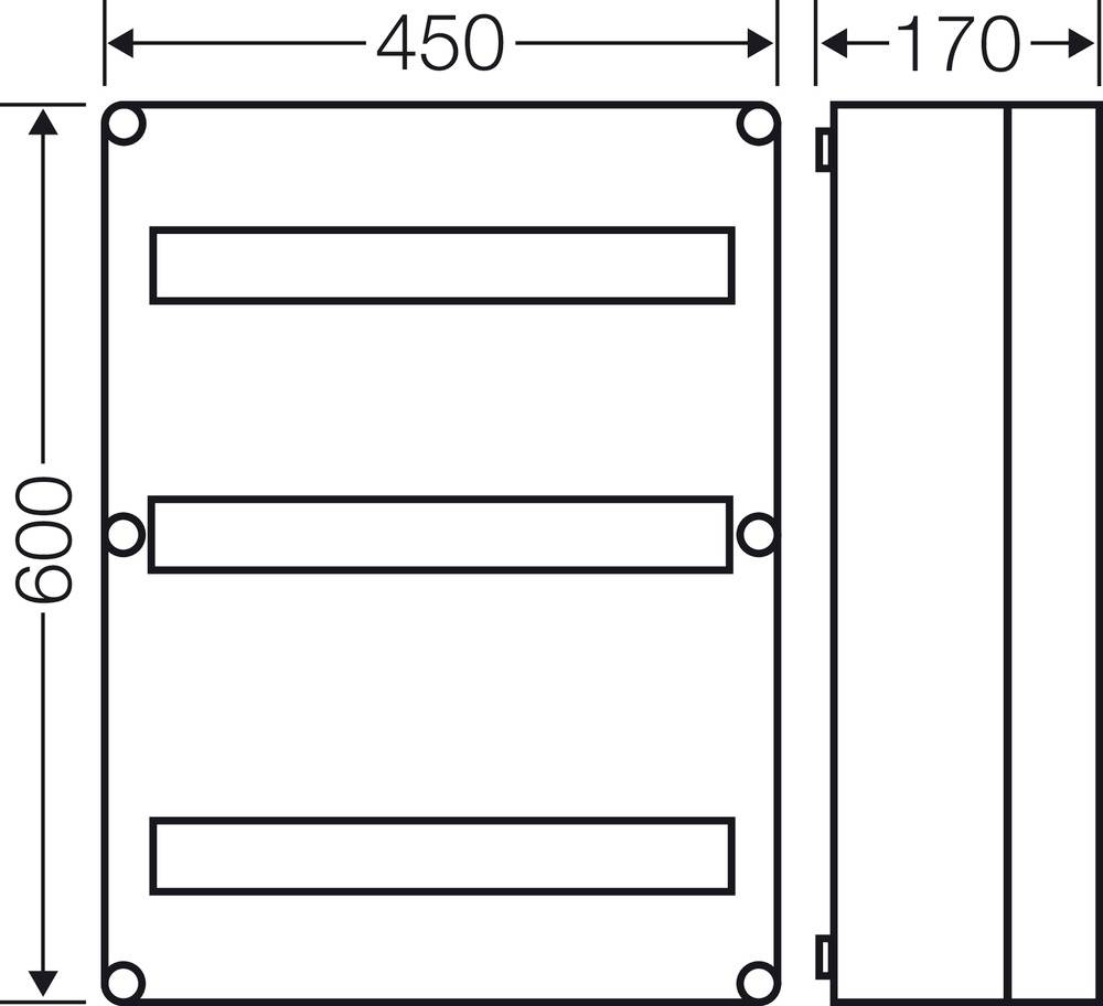 Technical drawing of a rectangular enclosure with dimensions 600 mm x 450 mm x 170 mm, including three mounting holes.