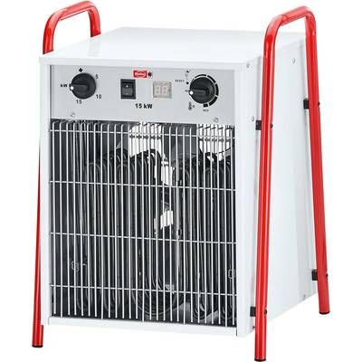Industrial heating unit with red carry handles, front ventilation grilles and control knobs for power adjustment up to 15 kW.