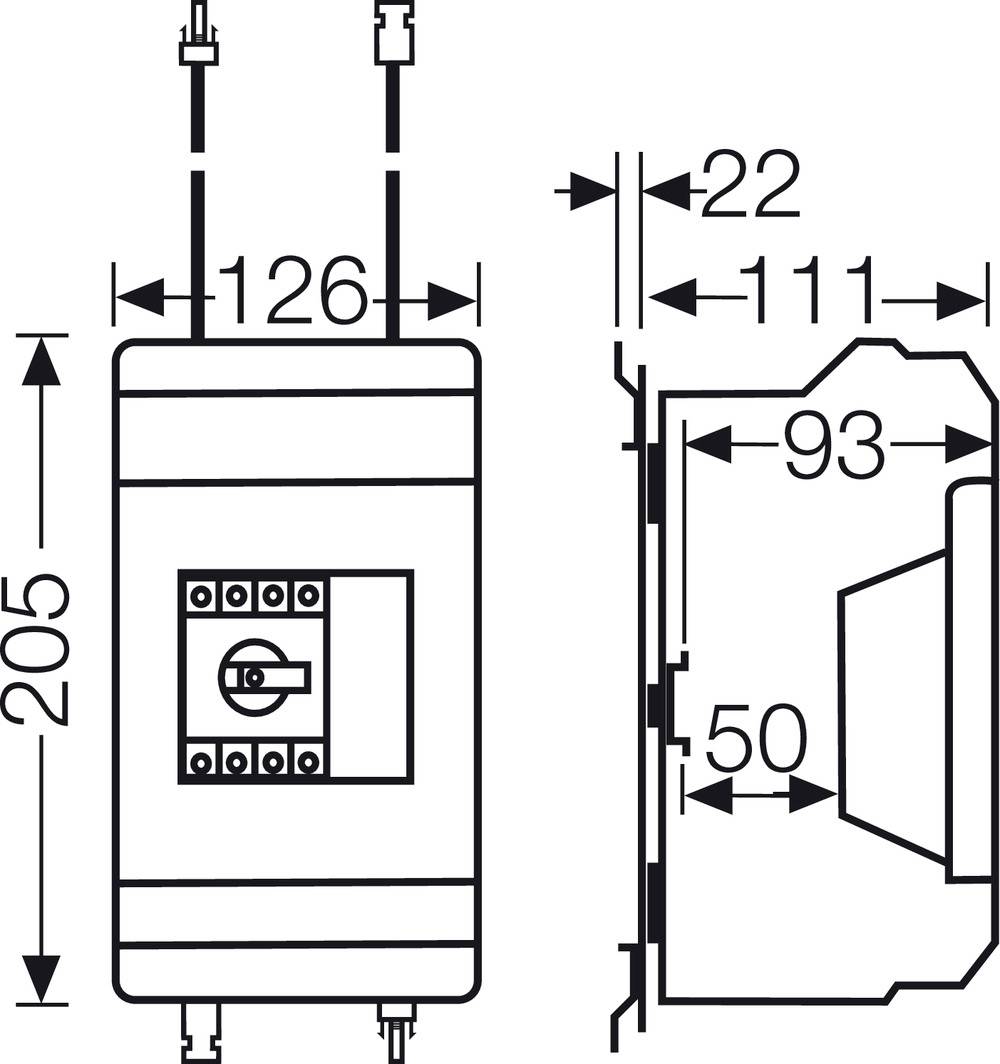 Technical drawing of an electrical device with dimensions: height 205 mm, width 126 mm, depth 111 mm. Side view shows detailed view.