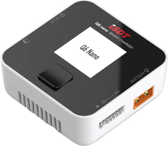 A black and white charger: 'Q6 Nano Smart Charger'. Shows connections for BATTERY and Balance. Model: Q6 Nano by ISDT.