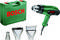 The image shows a Bosch hot air blower with a green case and three nozzle attachments.